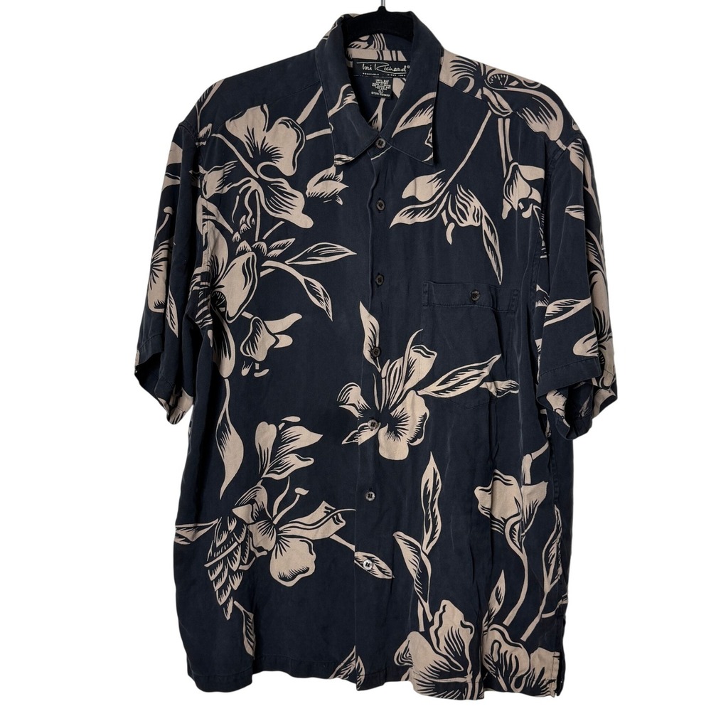 Tori Richard Honolulu Mens Large Silk Floral Hawaiian Aloha Shirt Gray Tan Large